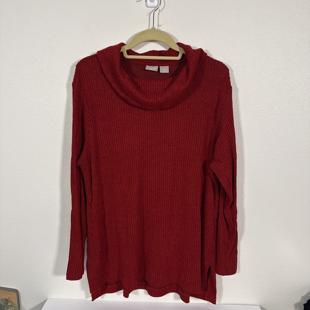 Chico's Women's Red Long Sleeve Cowl Neck Ribbed Sweater Size 2-large XL I1